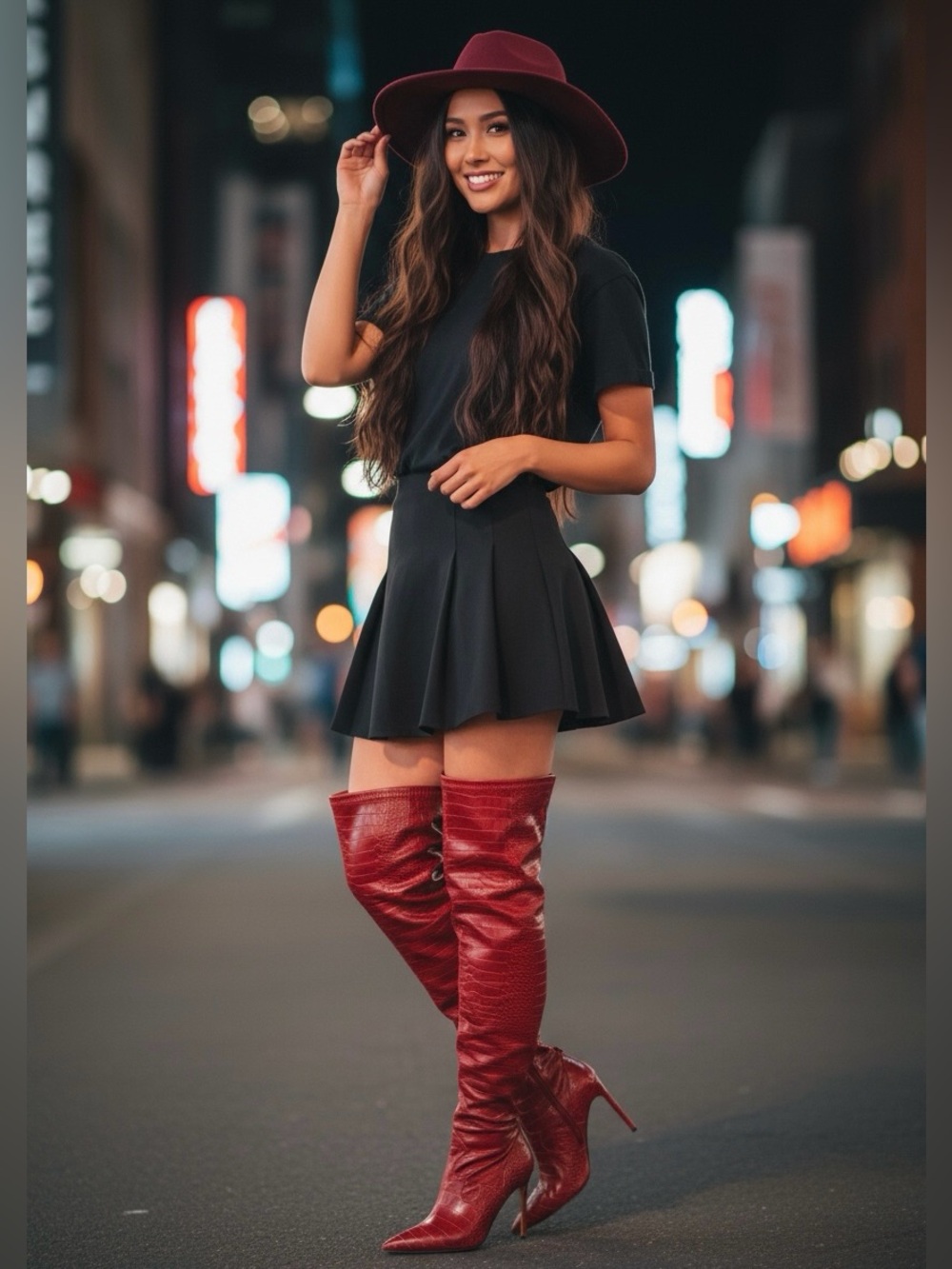 GUESS Dayton Stiletto Knee Height Boots Red Crocodile-Embossed Pattern Sz 8
